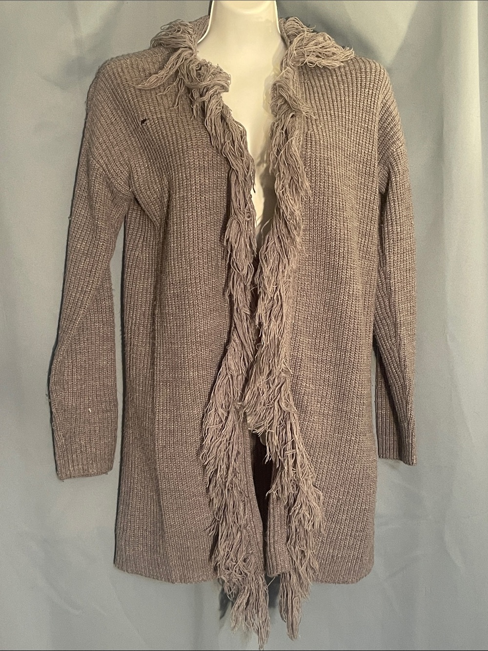 Cupio Taupe Fringe Open-Front Knit Cardigan